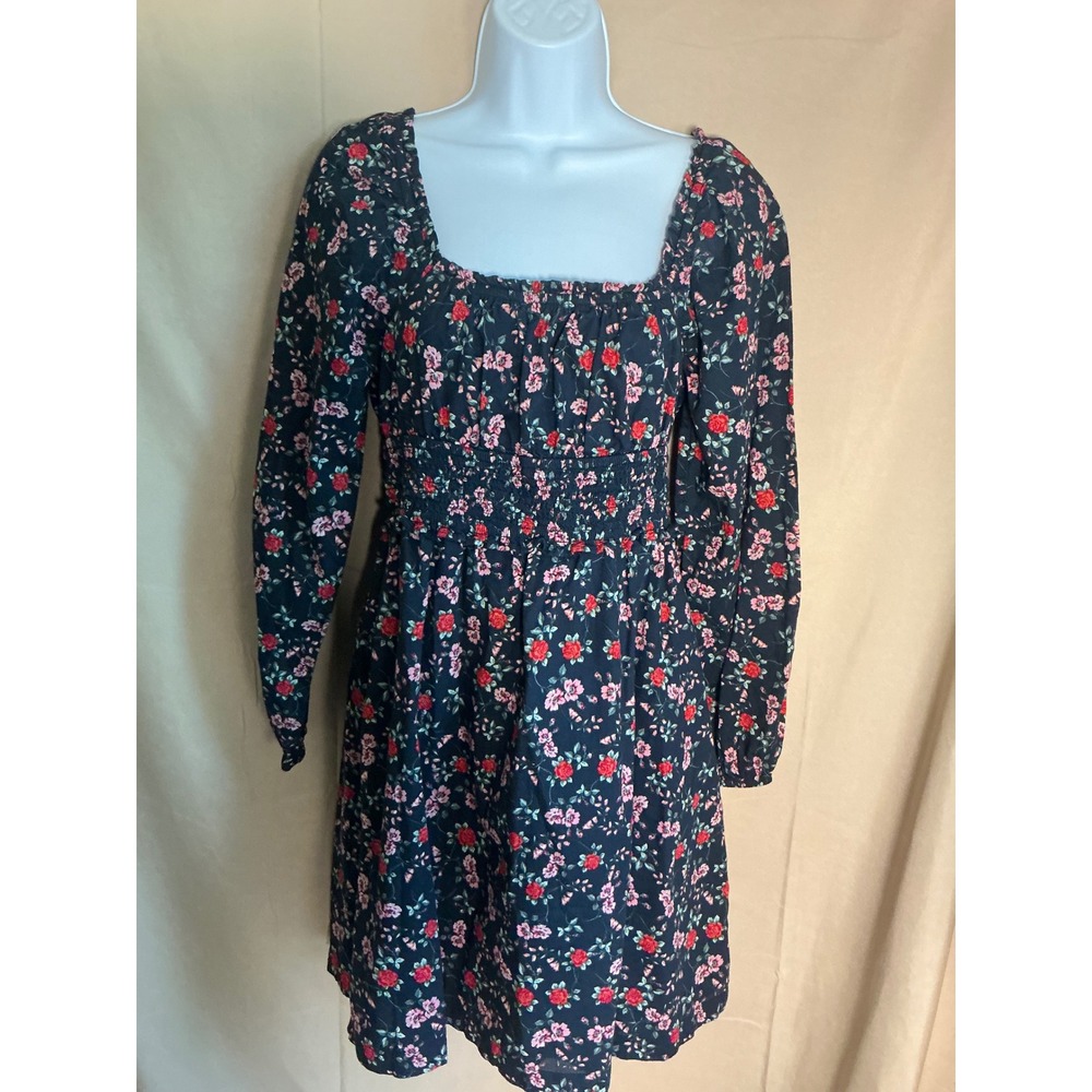 BP Floral Long Sleeve Dress Kids Medium Navy Blue Excellent Smocked Square Neck